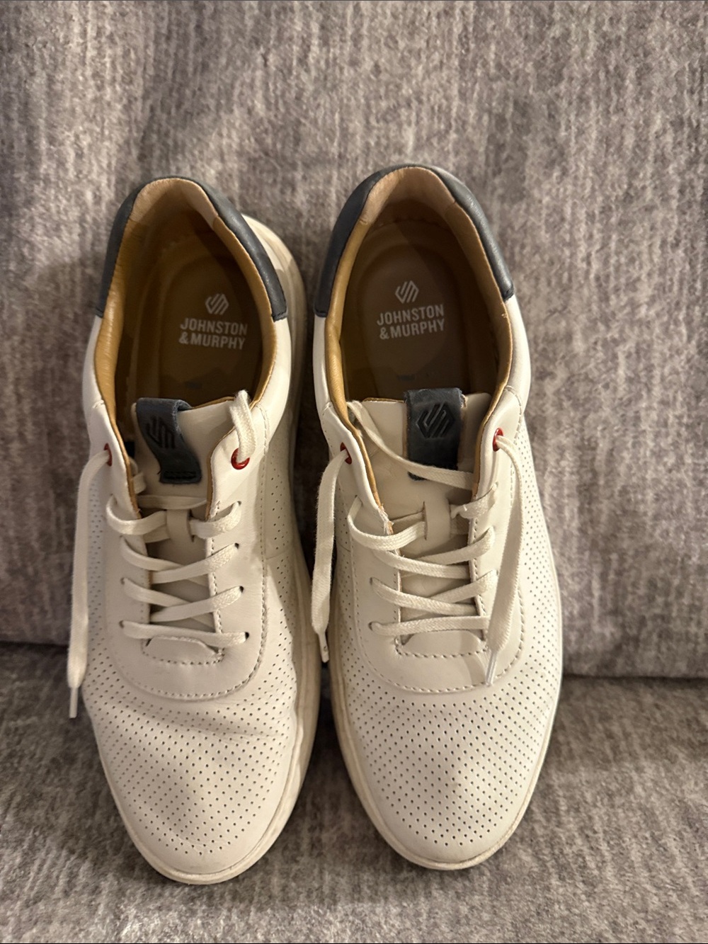 Johnston & Murphy White Leather Perforated Sneakers with Gray Heel